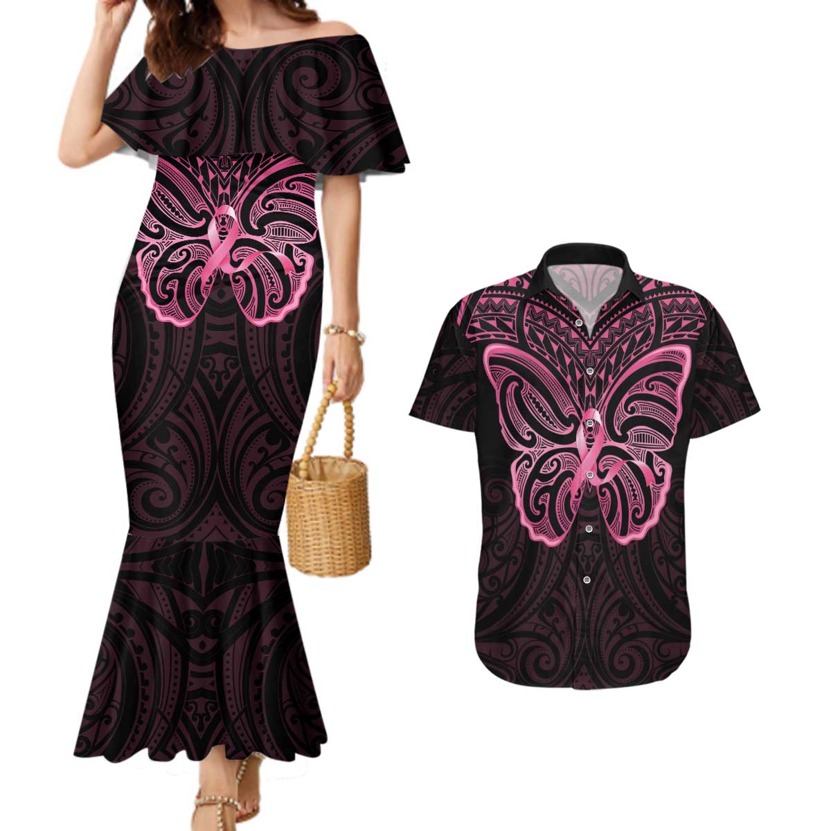 New Zealand Breast Cancer Awareness Couples Matching Mermaid Dress and Hawaiian Shirt Maori Butterfly Pink Ribbon Black Version - Polynesian Pride