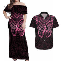 New Zealand Breast Cancer Awareness Couples Matching Off Shoulder Maxi Dress and Hawaiian Shirt Maori Butterfly Pink Ribbon Black Version - Polynesian Pride