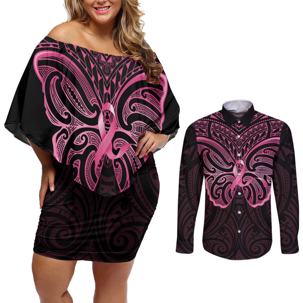 New Zealand Breast Cancer Awareness Couples Matching Off Shoulder Short Dress and Long Sleeve Button Shirt Maori Butterfly Pink Ribbon Black Version - Polynesian Pride