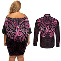 New Zealand Breast Cancer Awareness Couples Matching Off Shoulder Short Dress and Long Sleeve Button Shirt Maori Butterfly Pink Ribbon Black Version - Polynesian Pride