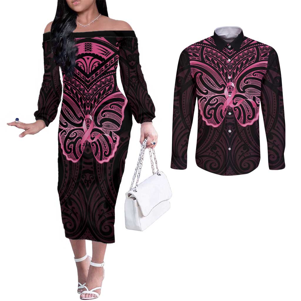 New Zealand Breast Cancer Awareness Couples Matching Off The Shoulder Long Sleeve Dress and Long Sleeve Button Shirt Maori Butterfly Pink Ribbon Black Version - Polynesian Pride