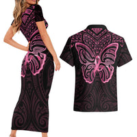 New Zealand Breast Cancer Awareness Couples Matching Short Sleeve Bodycon Dress and Hawaiian Shirt Maori Butterfly Pink Ribbon Black Version - Polynesian Pride