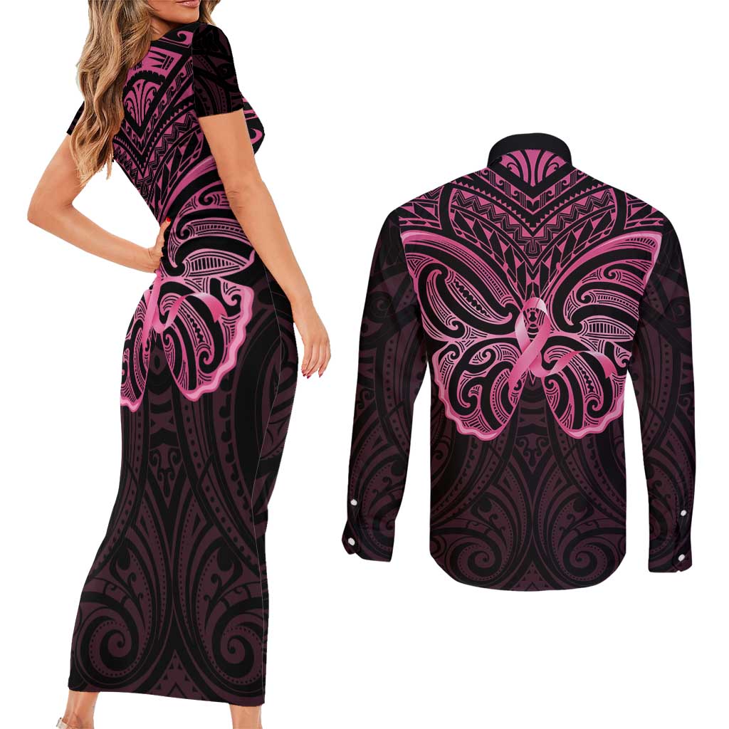 New Zealand Breast Cancer Awareness Couples Matching Short Sleeve Bodycon Dress and Long Sleeve Button Shirt Maori Butterfly Pink Ribbon Black Version - Polynesian Pride