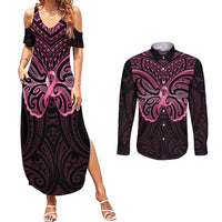New Zealand Breast Cancer Awareness Couples Matching Summer Maxi Dress and Long Sleeve Button Shirt Maori Butterfly Pink Ribbon Black Version - Polynesian Pride
