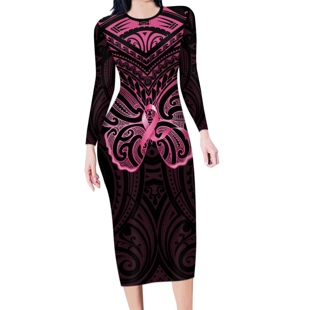 New Zealand Breast Cancer Awareness Family Matching Long Sleeve Bodycon Dress and Hawaiian Shirt Maori Butterfly Pink Ribbon Black Version - Polynesian Pride