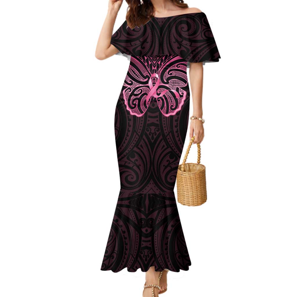 New Zealand Breast Cancer Awareness Family Matching Mermaid Dress and Hawaiian Shirt Maori Butterfly Pink Ribbon Black Version - Polynesian Pride