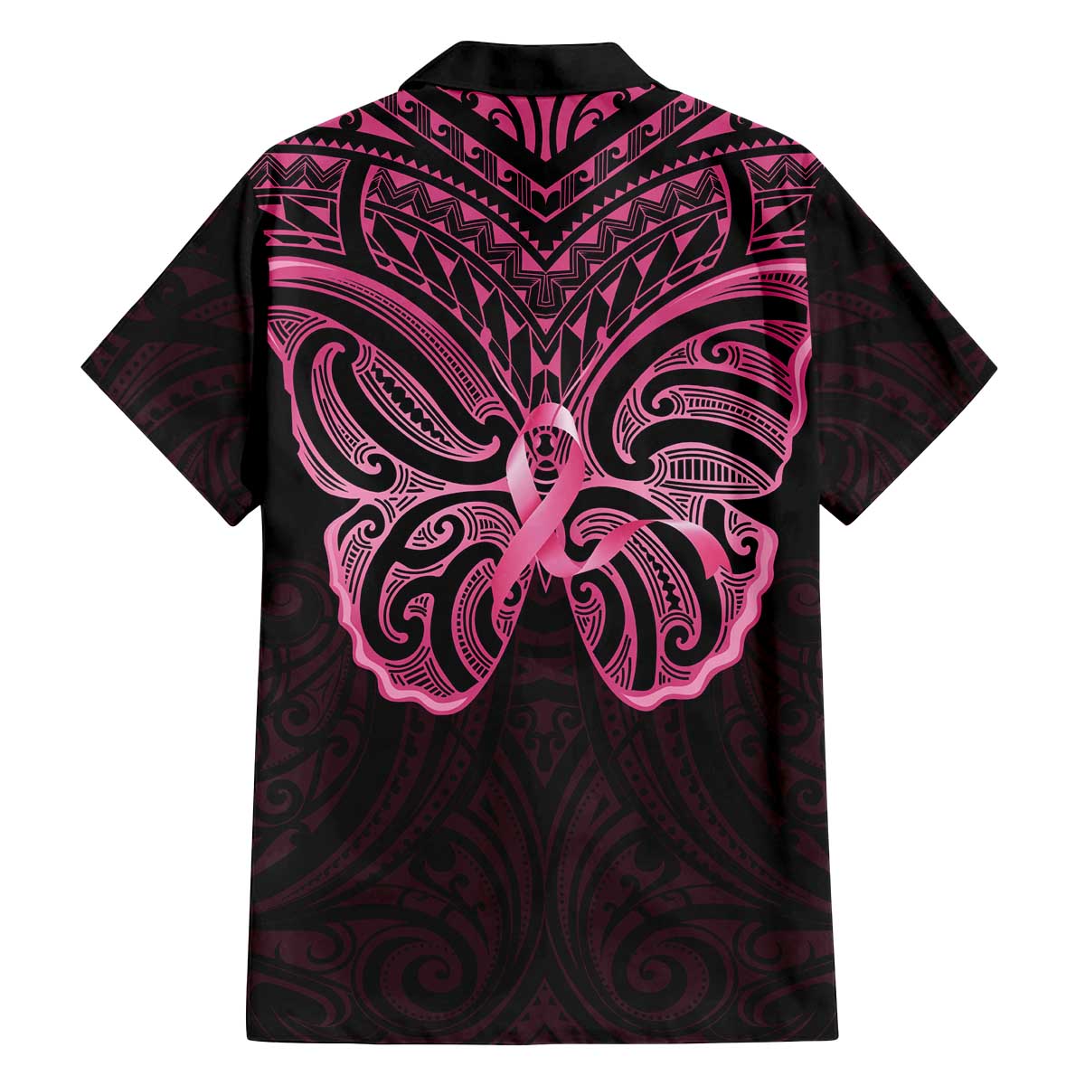 New Zealand Breast Cancer Awareness Family Matching Off The Shoulder Long Sleeve Dress and Hawaiian Shirt Maori Butterfly Pink Ribbon Black Version - Polynesian Pride