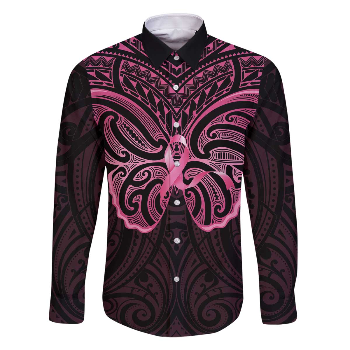 New Zealand Breast Cancer Awareness Family Matching Off The Shoulder Long Sleeve Dress and Hawaiian Shirt Maori Butterfly Pink Ribbon Black Version - Polynesian Pride
