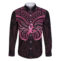 New Zealand Breast Cancer Awareness Family Matching Off The Shoulder Long Sleeve Dress and Hawaiian Shirt Maori Butterfly Pink Ribbon Black Version - Polynesian Pride