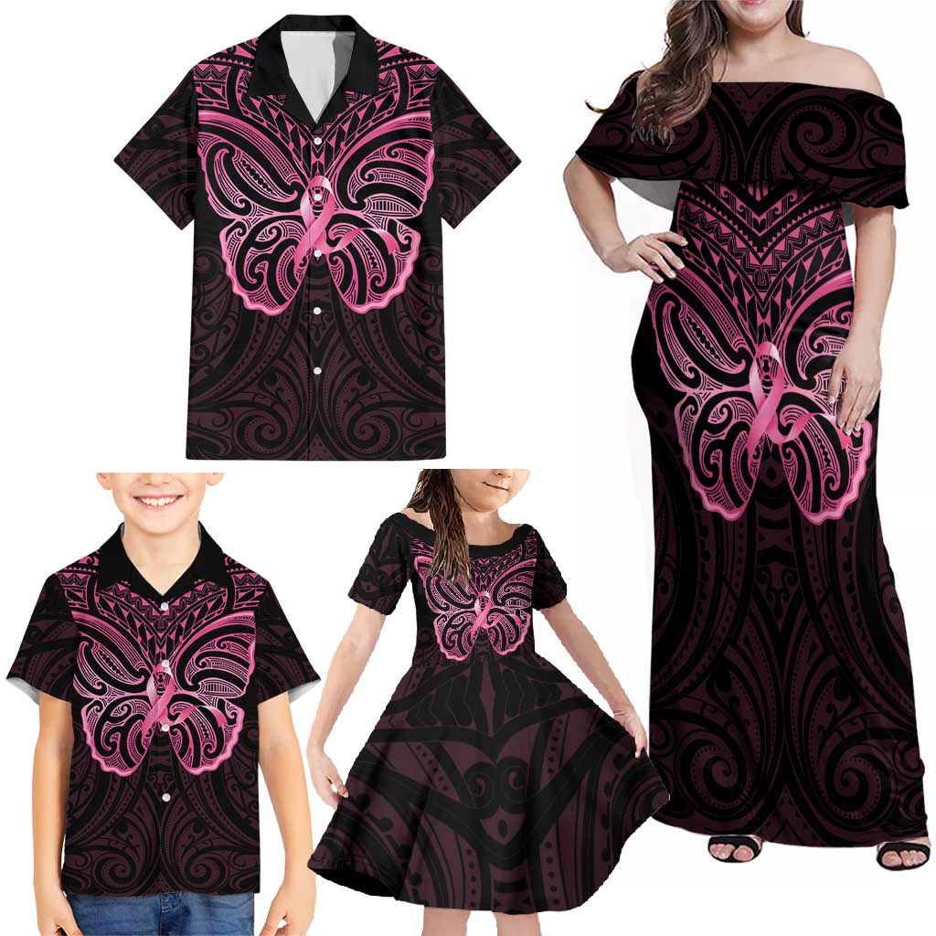New Zealand Breast Cancer Awareness Family Matching Off Shoulder Maxi Dress and Hawaiian Shirt Maori Butterfly Pink Ribbon Black Version - Polynesian Pride