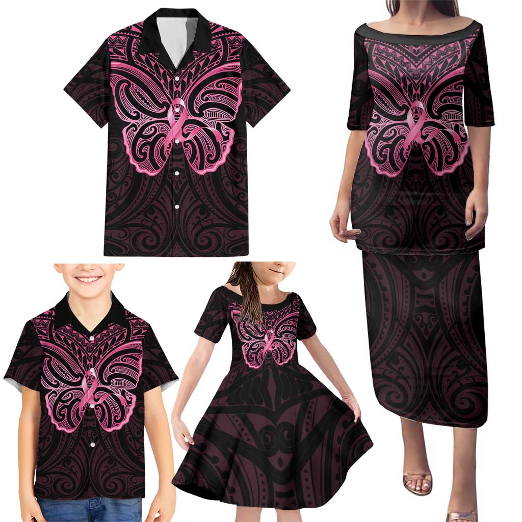 New Zealand Breast Cancer Awareness Family Matching Puletasi and Hawaiian Shirt Maori Butterfly Pink Ribbon Black Version - Polynesian Pride