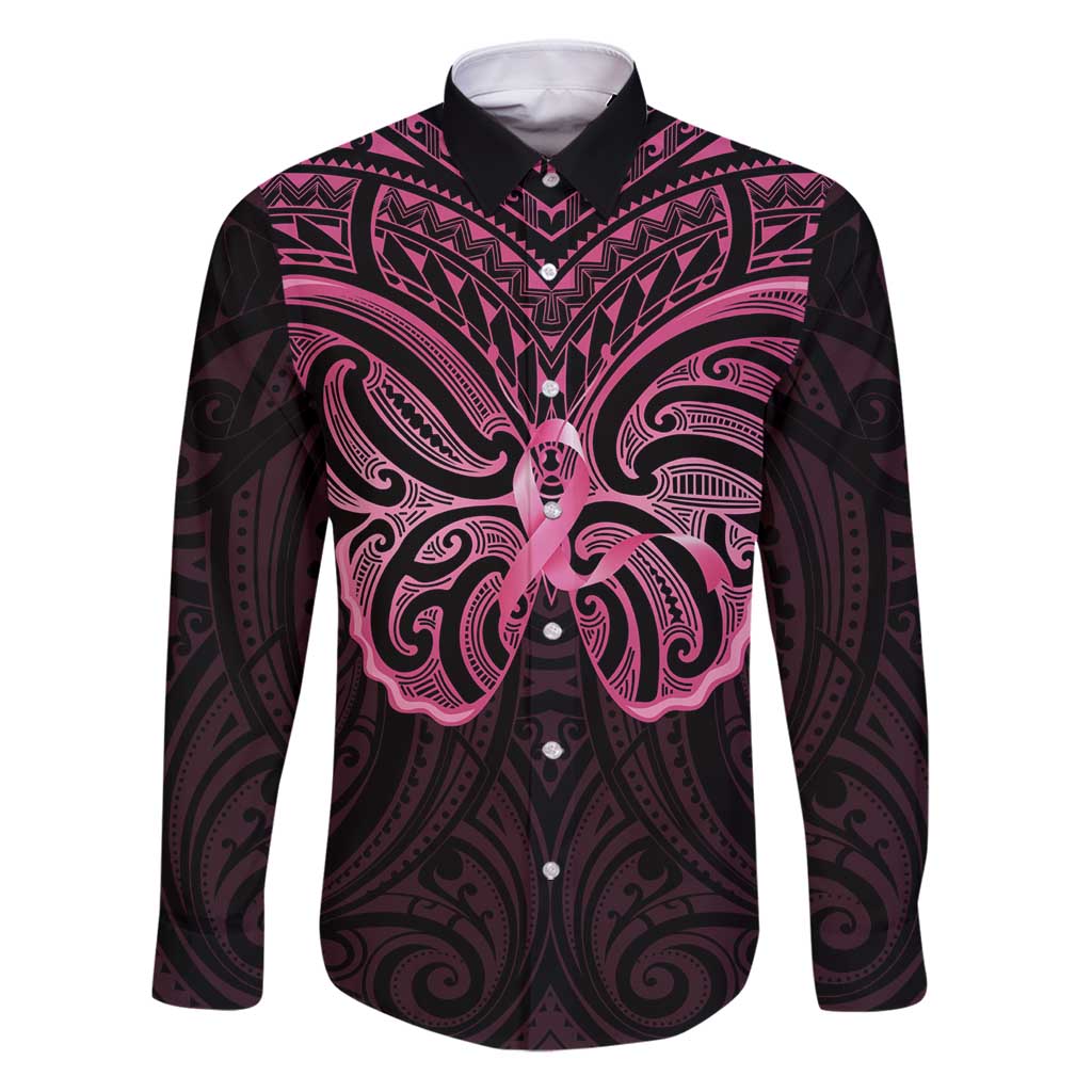 New Zealand Breast Cancer Awareness Family Matching Puletasi and Hawaiian Shirt Maori Butterfly Pink Ribbon Black Version - Polynesian Pride