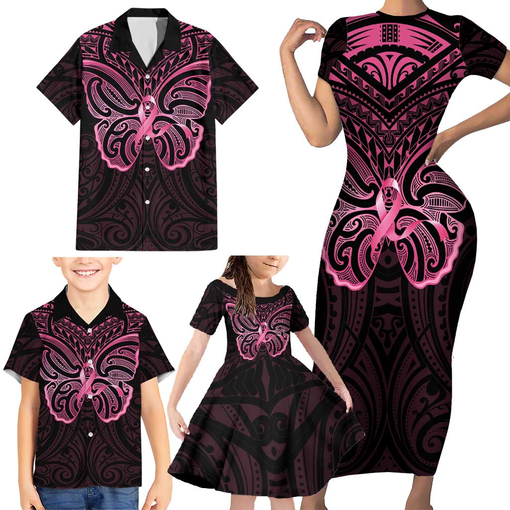 New Zealand Breast Cancer Awareness Family Matching Short Sleeve Bodycon Dress and Hawaiian Shirt Maori Butterfly Pink Ribbon Black Version - Polynesian Pride