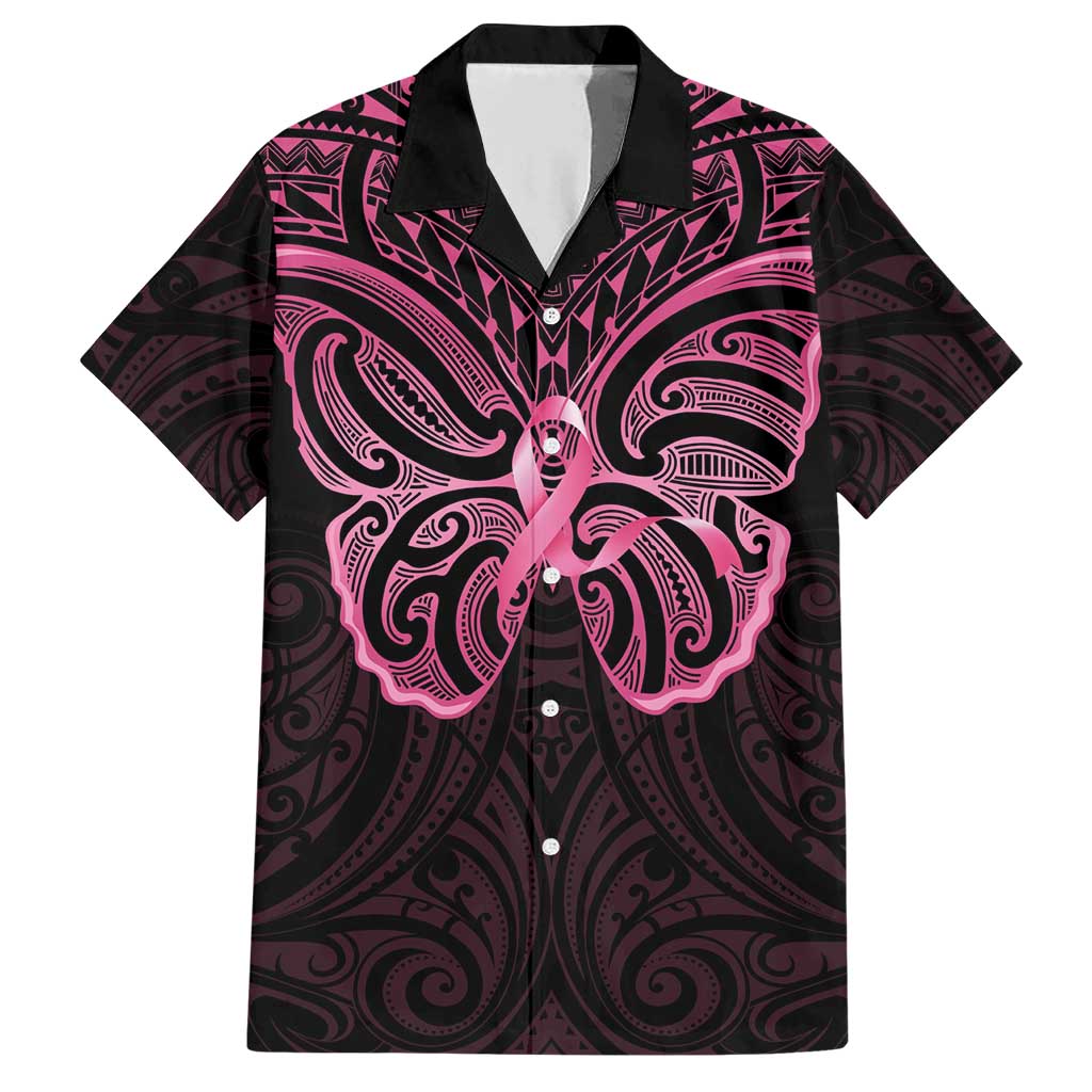 New Zealand Breast Cancer Awareness Family Matching Short Sleeve Bodycon Dress and Hawaiian Shirt Maori Butterfly Pink Ribbon Black Version - Polynesian Pride