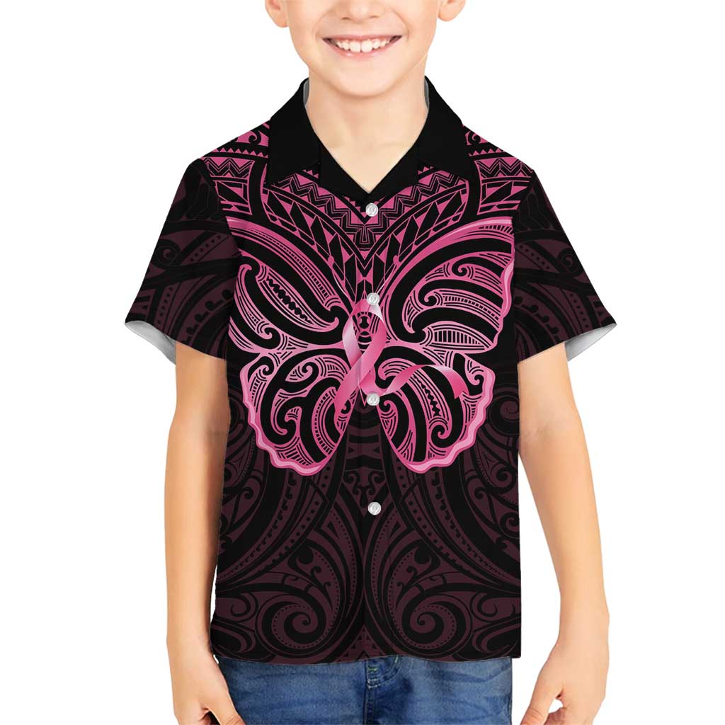 New Zealand Breast Cancer Awareness Family Matching Tank Maxi Dress and Hawaiian Shirt Maori Butterfly Pink Ribbon Black Version - Polynesian Pride