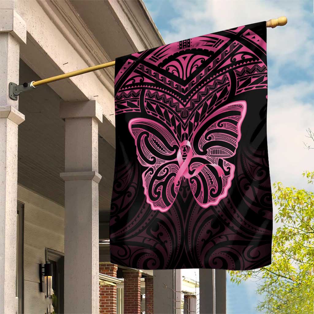 New Zealand Breast Cancer Awareness Garden Flag Maori Butterfly Pink Ribbon Black Version - Polynesian Pride