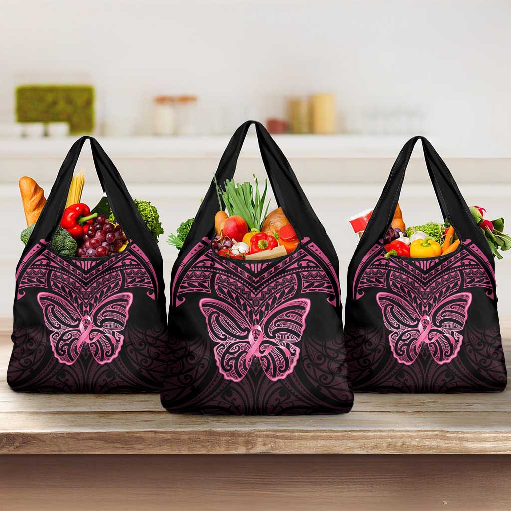 New Zealand Breast Cancer Awareness Grocery Bag Maori Butterfly Pink Ribbon Black Version - Polynesian Pride