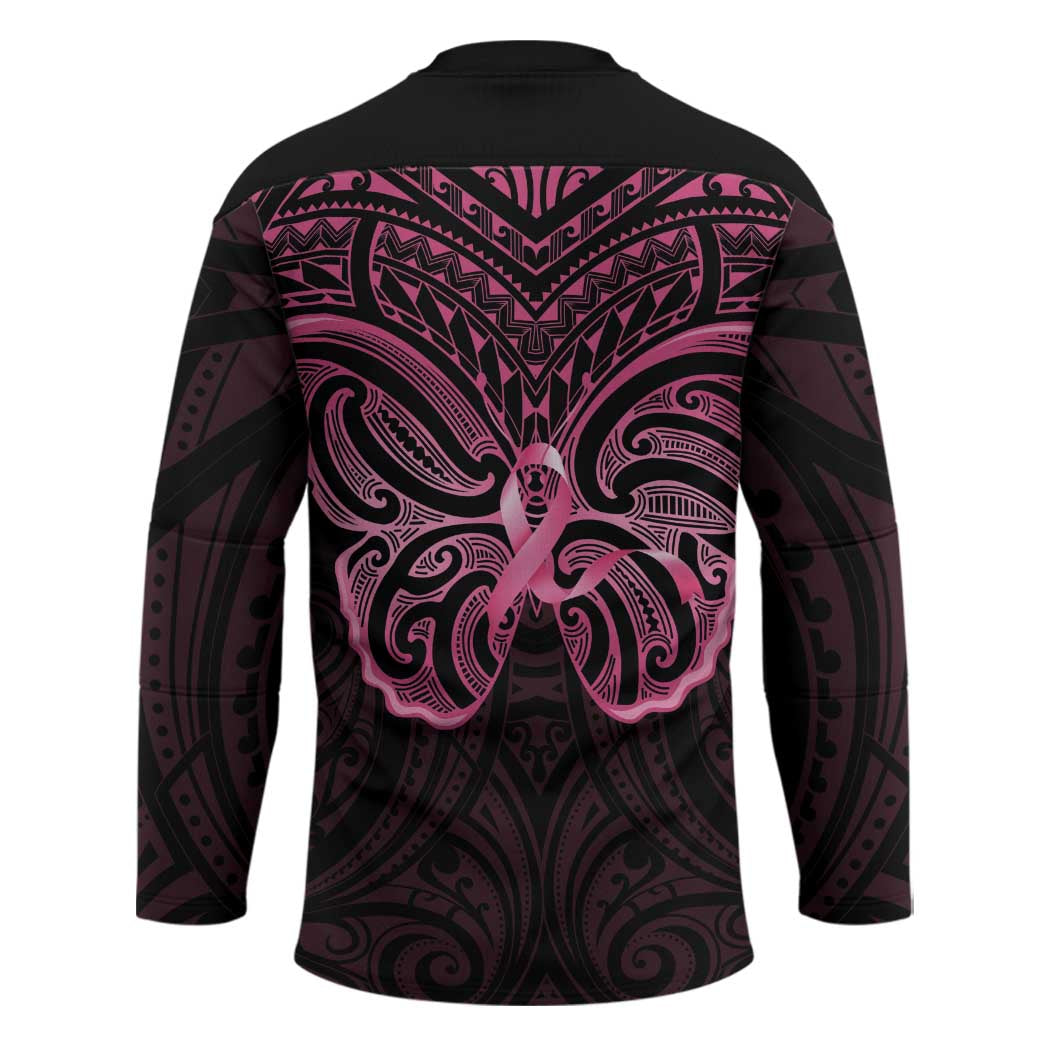 New Zealand Breast Cancer Awareness Hockey Jersey Maori Butterfly Pink Ribbon Black Version - Polynesian Pride
