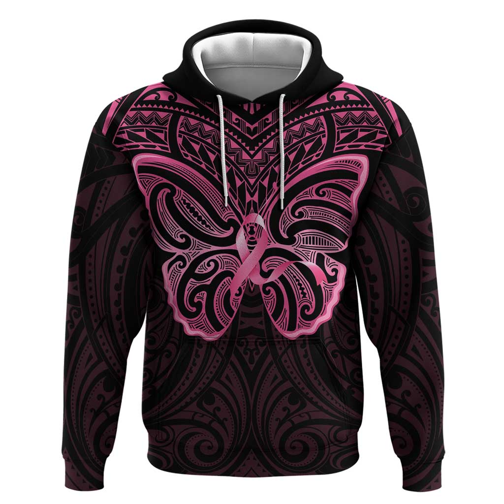 New Zealand Breast Cancer Awareness Hoodie Maori Butterfly Pink Ribbon Black Version - Polynesian Pride