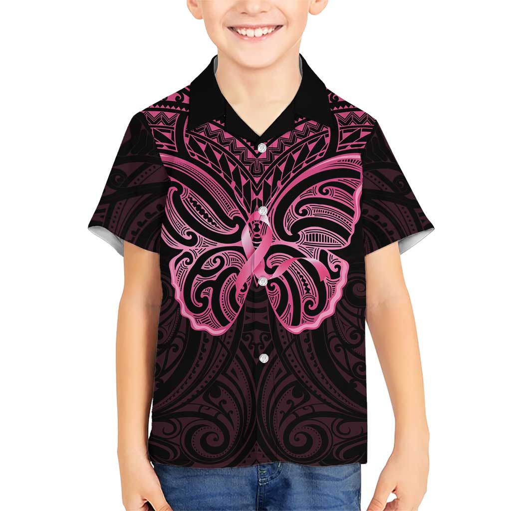 New Zealand Breast Cancer Awareness Kid Hawaiian Shirt Maori Butterfly Pink Ribbon Black Version - Polynesian Pride