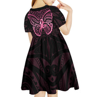 New Zealand Breast Cancer Awareness Kid Short Sleeve Dress Maori Butterfly Pink Ribbon Black Version - Polynesian Pride