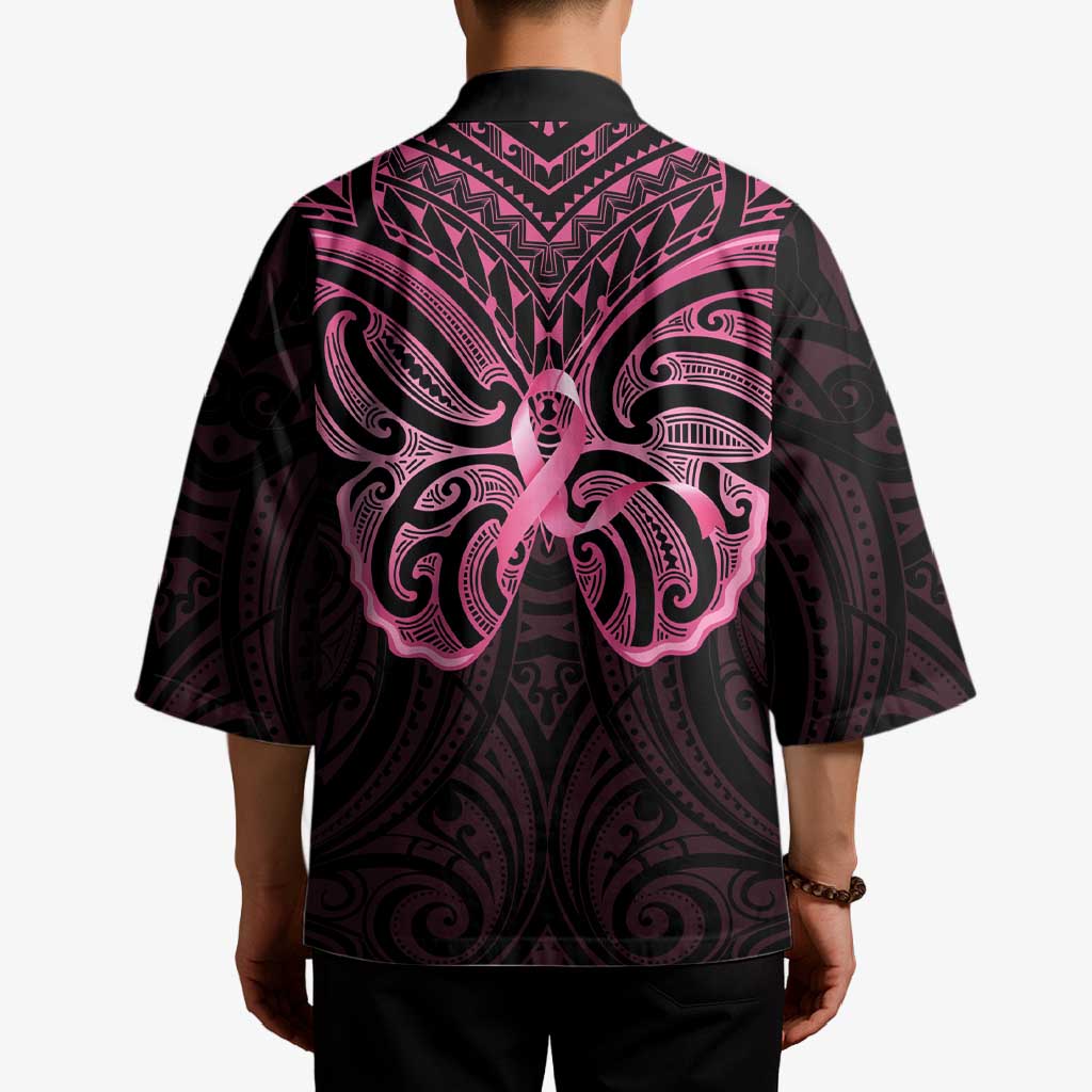 New Zealand Breast Cancer Awareness Kimono Maori Butterfly Pink Ribbon Black Version - Polynesian Pride