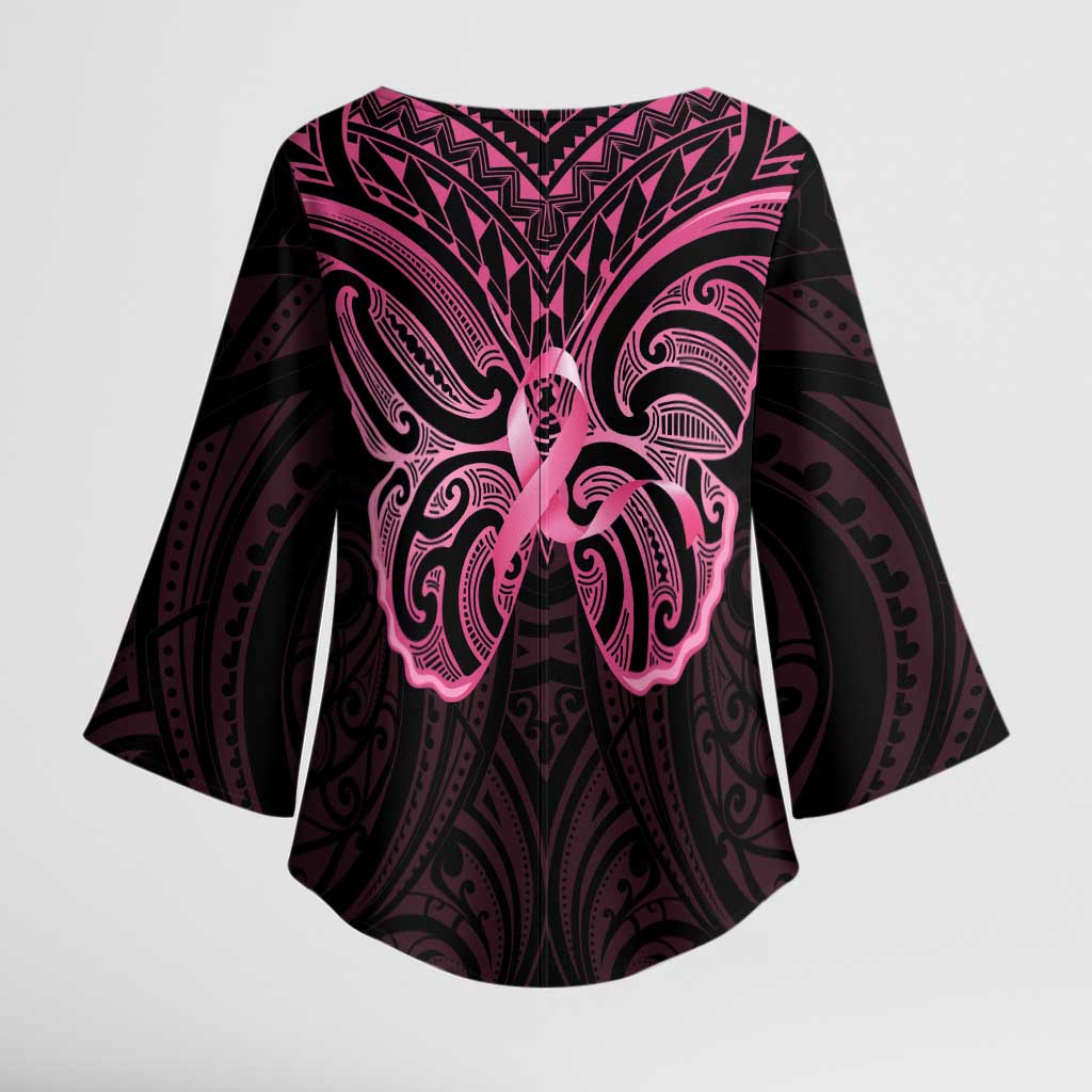 New Zealand Breast Cancer Awareness Kimono Sleeve Blouse Maori Butterfly Pink Ribbon Black Version - Polynesian Pride