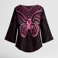 New Zealand Breast Cancer Awareness Kimono Sleeve Blouse Maori Butterfly Pink Ribbon Black Version - Polynesian Pride