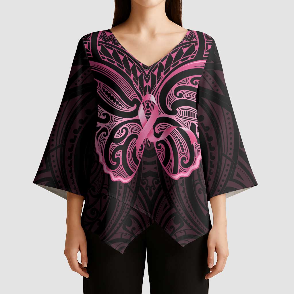 New Zealand Breast Cancer Awareness Kimono Sleeve Blouse Maori Butterfly Pink Ribbon Black Version - Polynesian Pride