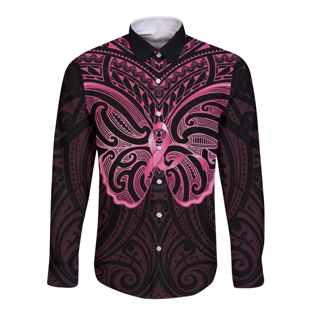 New Zealand Breast Cancer Awareness Long Sleeve Button Shirt Maori Butterfly Pink Ribbon Black Version - Polynesian Pride