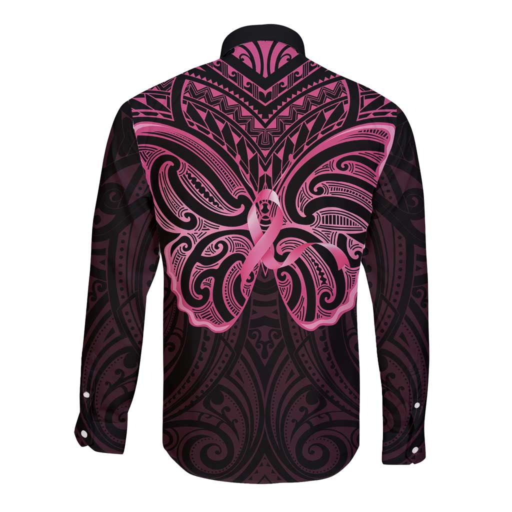 New Zealand Breast Cancer Awareness Long Sleeve Button Shirt Maori Butterfly Pink Ribbon Black Version - Polynesian Pride