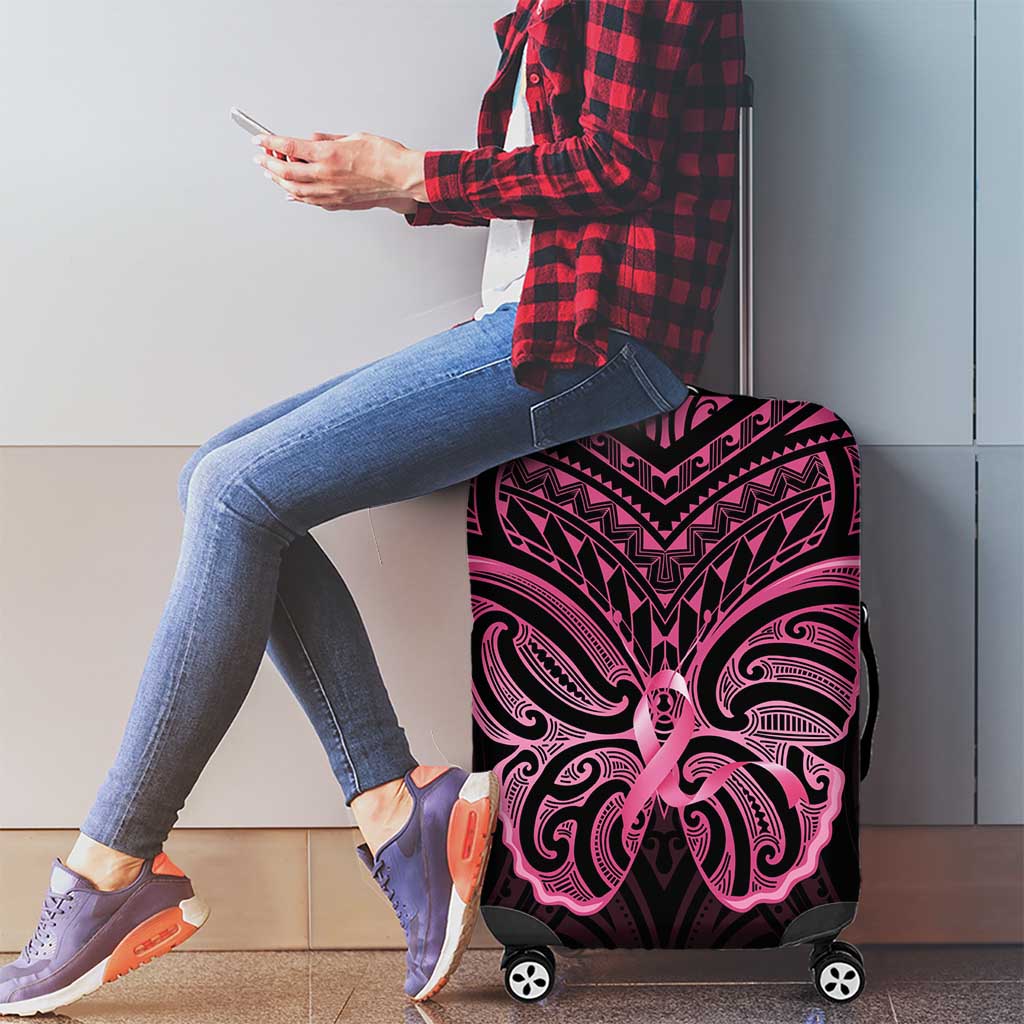 New Zealand Breast Cancer Awareness Luggage Cover Maori Butterfly Pink Ribbon Black Version - Polynesian Pride