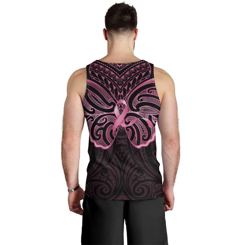 New Zealand Breast Cancer Awareness Men Tank Top Maori Butterfly Pink Ribbon Black Version - Polynesian Pride