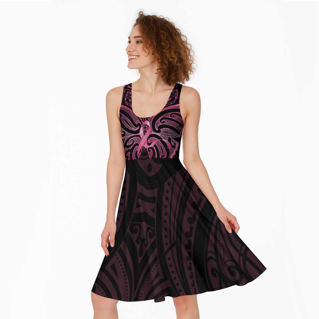 New Zealand Breast Cancer Awareness Midi Dress Maori Butterfly Pink Ribbon Black Version - Polynesian Pride