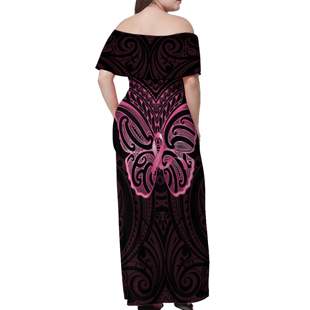 New Zealand Breast Cancer Awareness Off Shoulder Maxi Dress Maori Butterfly Pink Ribbon Black Version - Polynesian Pride