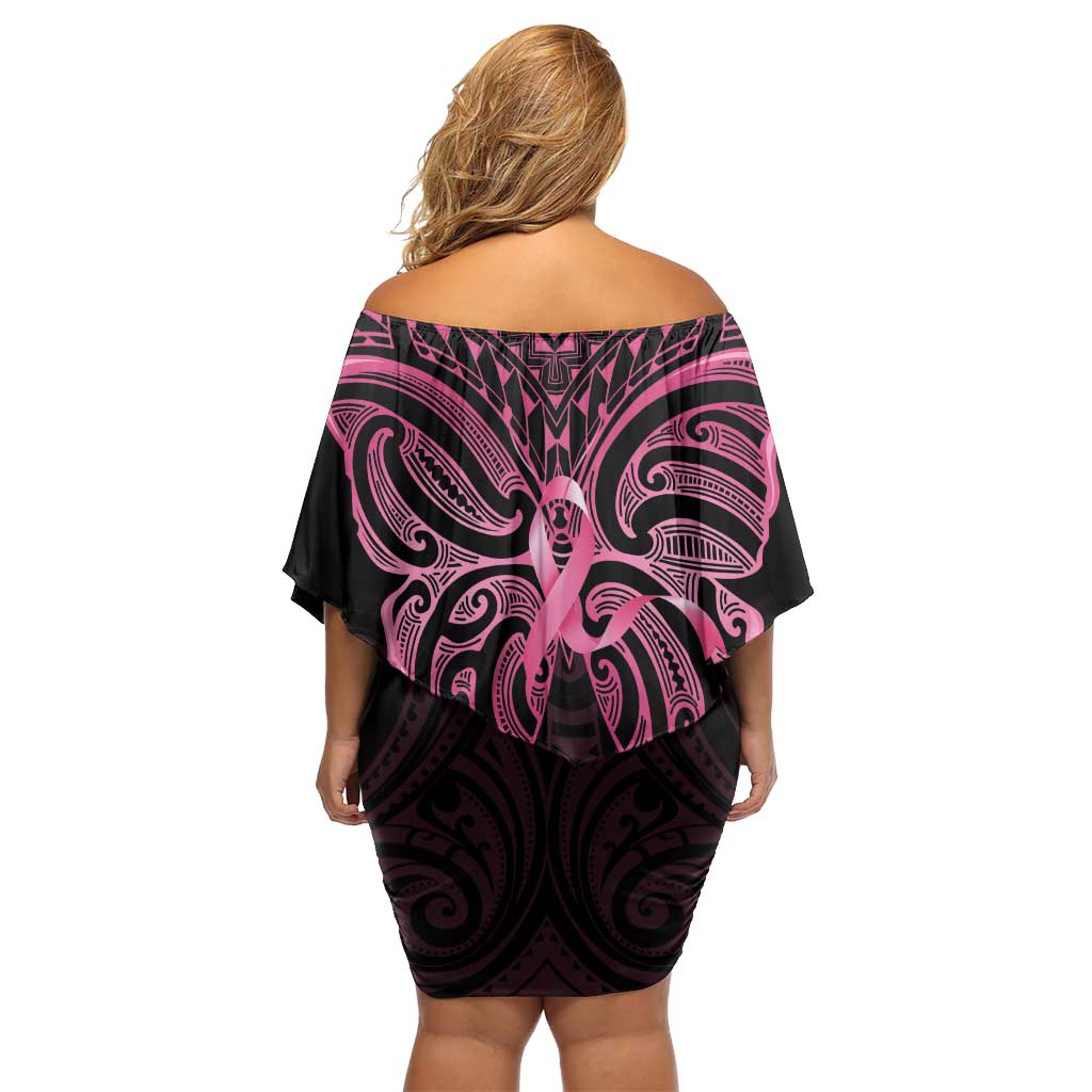 New Zealand Breast Cancer Awareness Off Shoulder Short Dress Maori Butterfly Pink Ribbon Black Version - Polynesian Pride