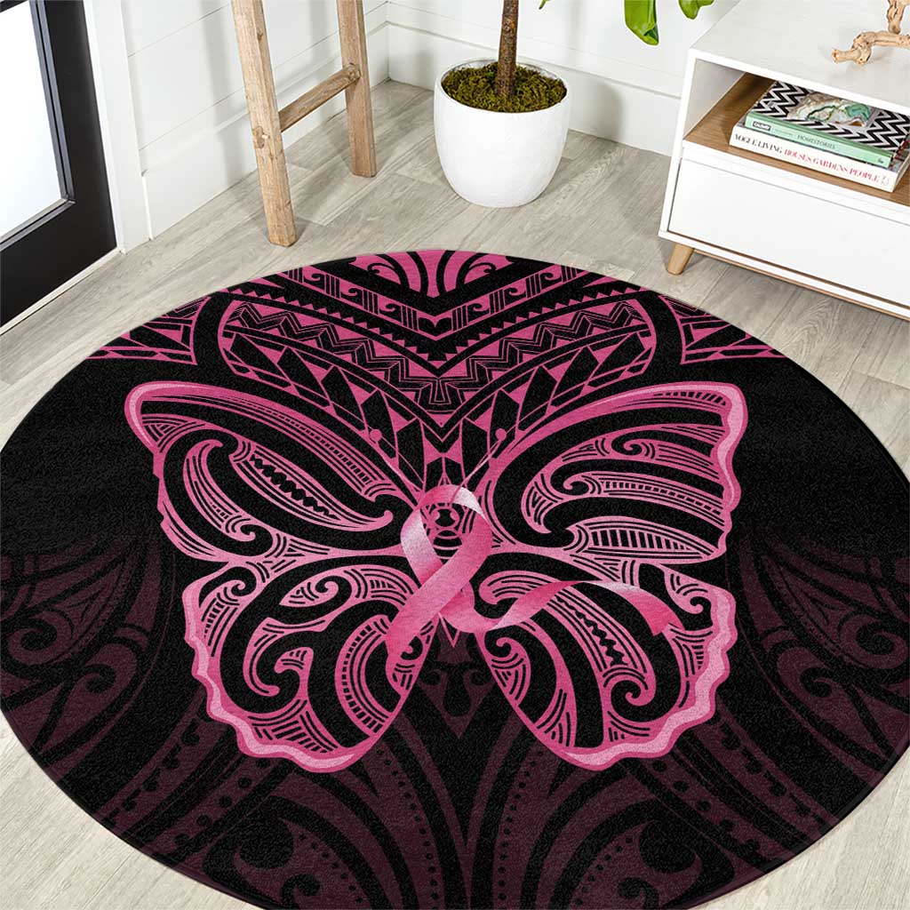 New Zealand Breast Cancer Awareness Round Carpet Maori Butterfly Pink Ribbon Black Version - Polynesian Pride