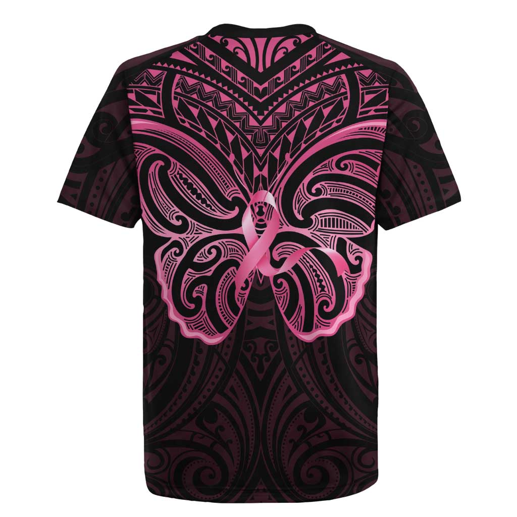 New Zealand Breast Cancer Awareness Rugby Jersey Maori Butterfly Pink Ribbon Black Version - Polynesian Pride