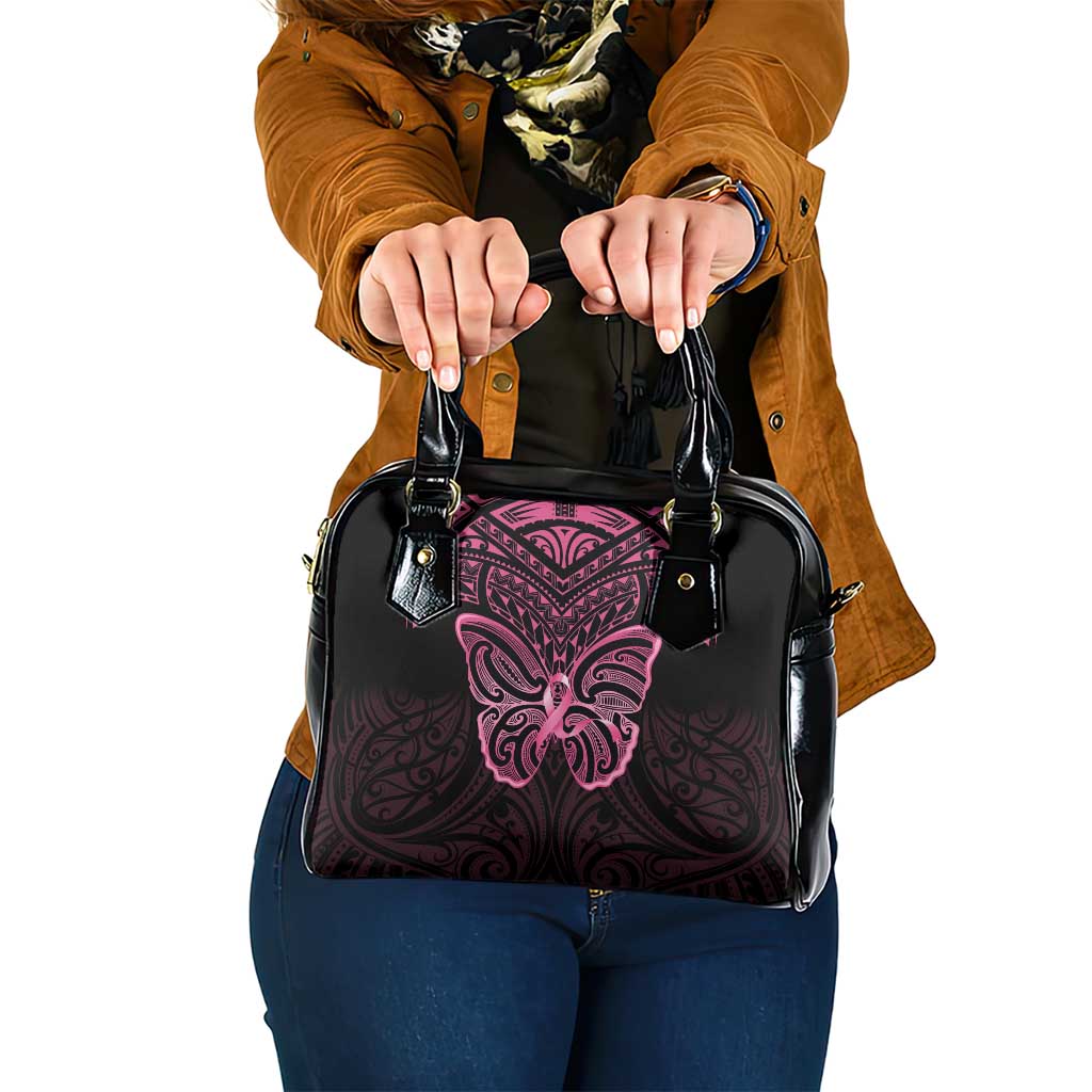 New Zealand Breast Cancer Awareness Shoulder Handbag Maori Butterfly Pink Ribbon Black Version - Polynesian Pride