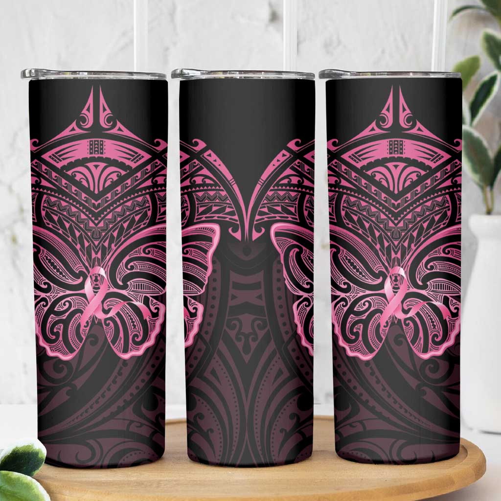 New Zealand Breast Cancer Awareness Skinny Tumbler Maori Butterfly Pink Ribbon Black Version - Polynesian Pride