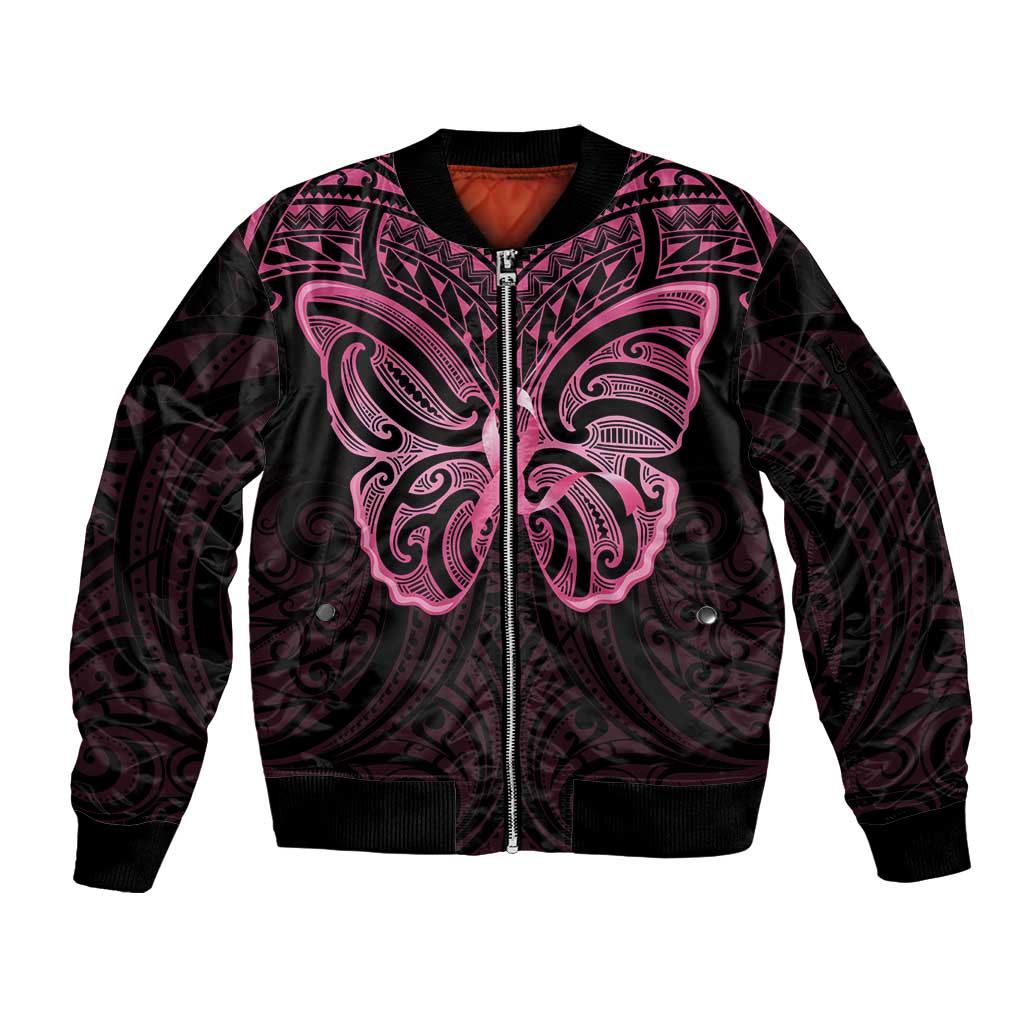 New Zealand Breast Cancer Awareness Sleeve Zip Bomber Jacket Maori Butterfly Pink Ribbon Black Version - Polynesian Pride