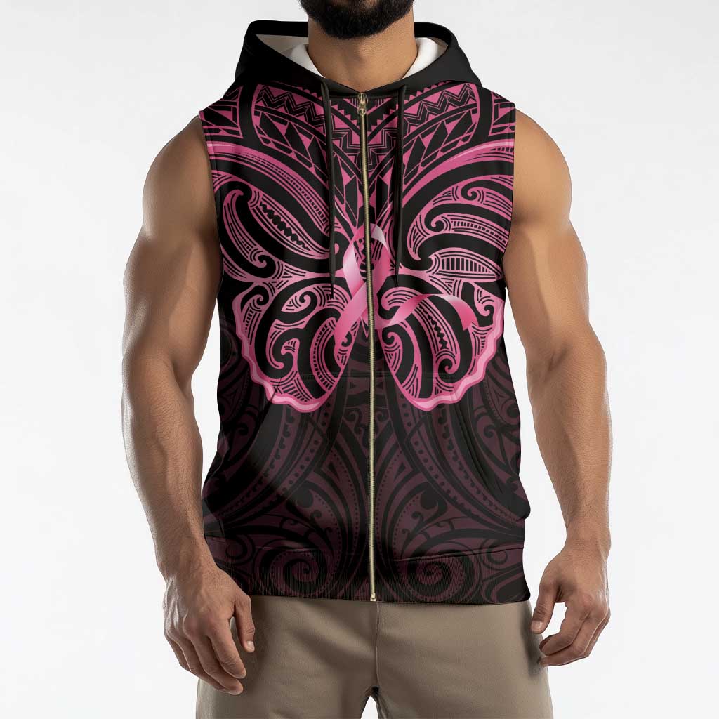 New Zealand Breast Cancer Awareness Sleeveless Zip Hoodie Maori Butterfly Pink Ribbon Black Version - Polynesian Pride