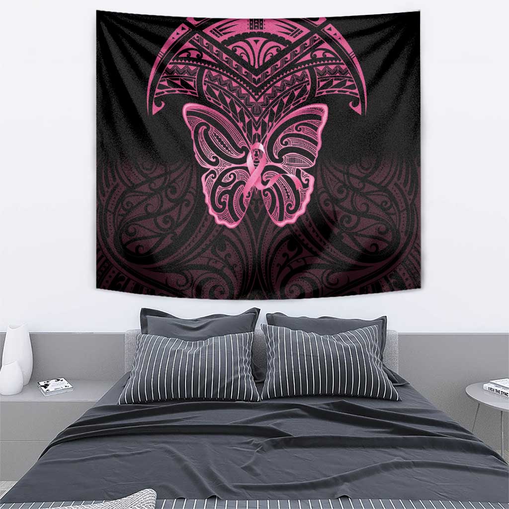 New Zealand Breast Cancer Awareness Tapestry Maori Butterfly Pink Ribbon Black Version - Polynesian Pride