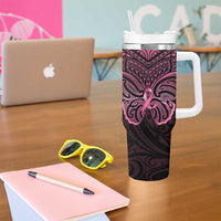 New Zealand Breast Cancer Awareness Tumbler With Handle Maori Butterfly Pink Ribbon Black Version - Polynesian Pride