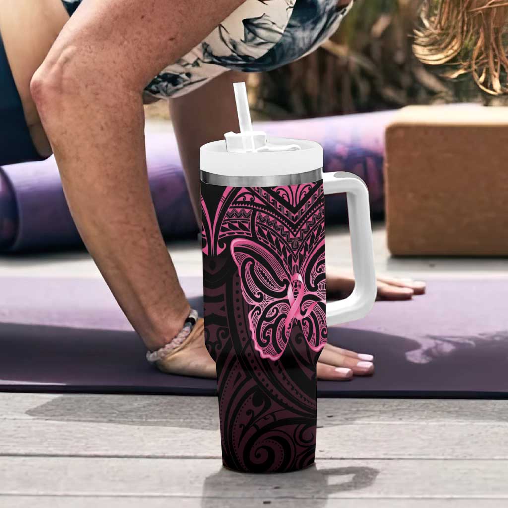 New Zealand Breast Cancer Awareness Tumbler With Handle Maori Butterfly Pink Ribbon Black Version - Polynesian Pride
