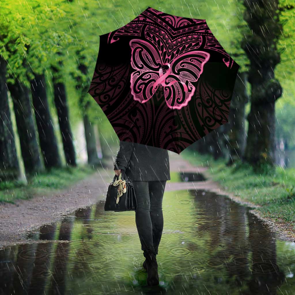 New Zealand Breast Cancer Awareness Umbrella Maori Butterfly Pink Ribbon Black Version - Polynesian Pride