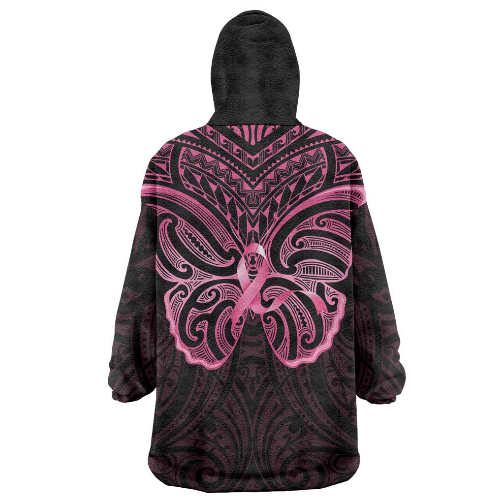 New Zealand Breast Cancer Awareness Wearable Blanket Hoodie Maori Butterfly Pink Ribbon Black Version - Polynesian Pride
