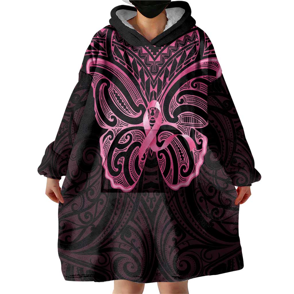 New Zealand Breast Cancer Awareness Wearable Blanket Hoodie Maori Butterfly Pink Ribbon Black Version - Polynesian Pride