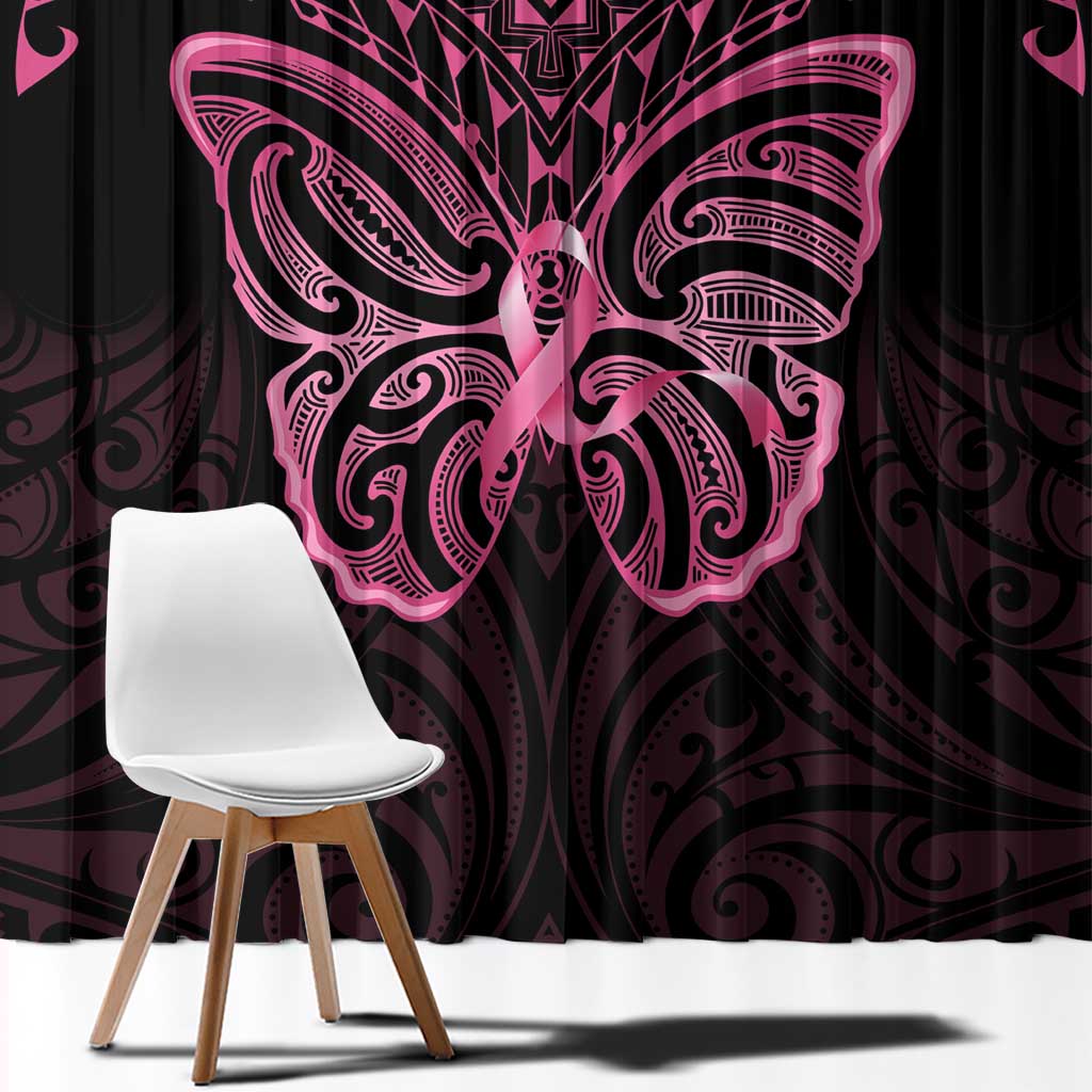 New Zealand Breast Cancer Awareness Window Curtain Maori Butterfly Pink Ribbon Black Version - Polynesian Pride