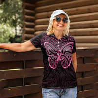 New Zealand Breast Cancer Awareness Women Polo Shirt Maori Butterfly Pink Ribbon Black Version - Polynesian Pride